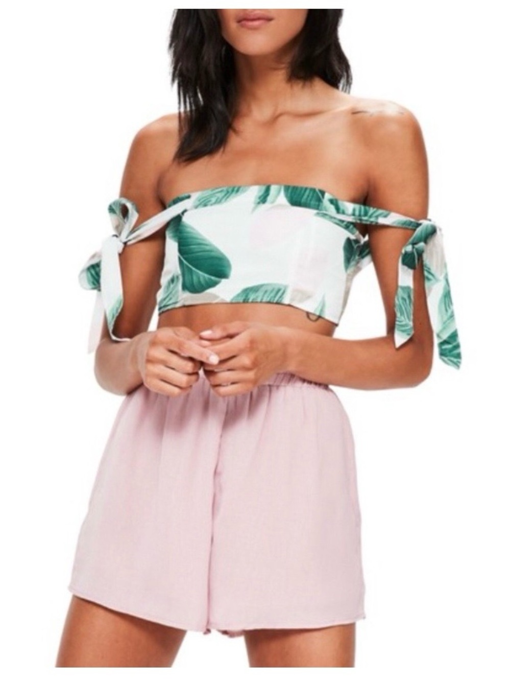 Missguided Tropical Palm Print
Bardot Shoulder-Tie Crop Top | Vacation Beach